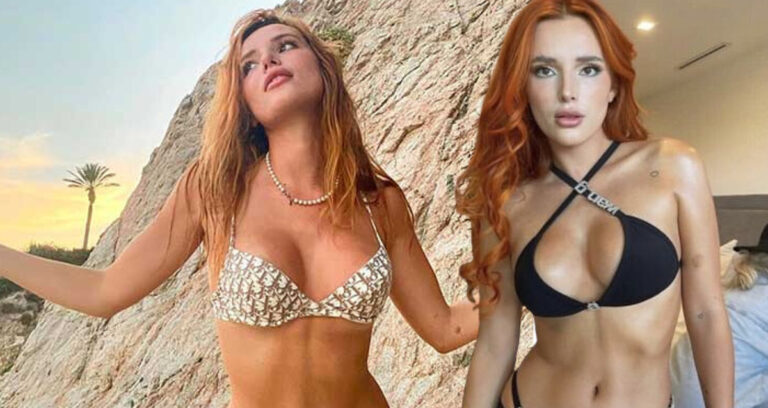 Bella Thorne looks sexy in a low-cut swimsuit