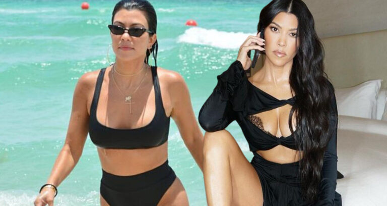 Kourtney Kardashian looks sizzling in a red sequin bikini top